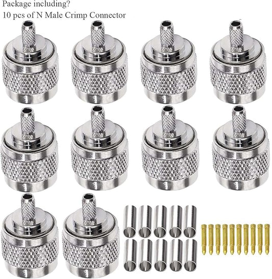 N Male Crimp Connector N Type Plug Adapter for RG58 and RG142 Low Loss High Frequency RF Coaxial Connector (Pack of 10)