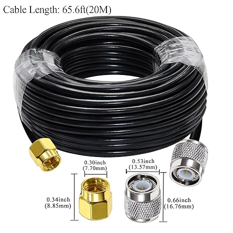 RG58 TNC Male to SMA Male Coaxial Jumper Cable 65.6ft(20M) Low Loss Extension Cable (Pack of 1)