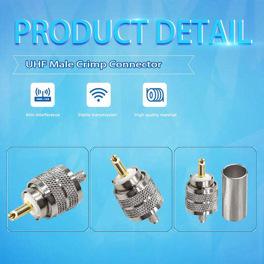 PL-259 UHF Male Plug Crimp Coax Connector Adapter for RG58 LMR195 RG142 KSR195 RG400 Cable (Pack of 5)