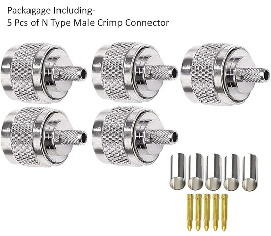 N Male Crimp Connector N Type Plug Adapter for RG58 and RG142 Low Loss High Frequency RF Coaxial Connector (Pack of 5)