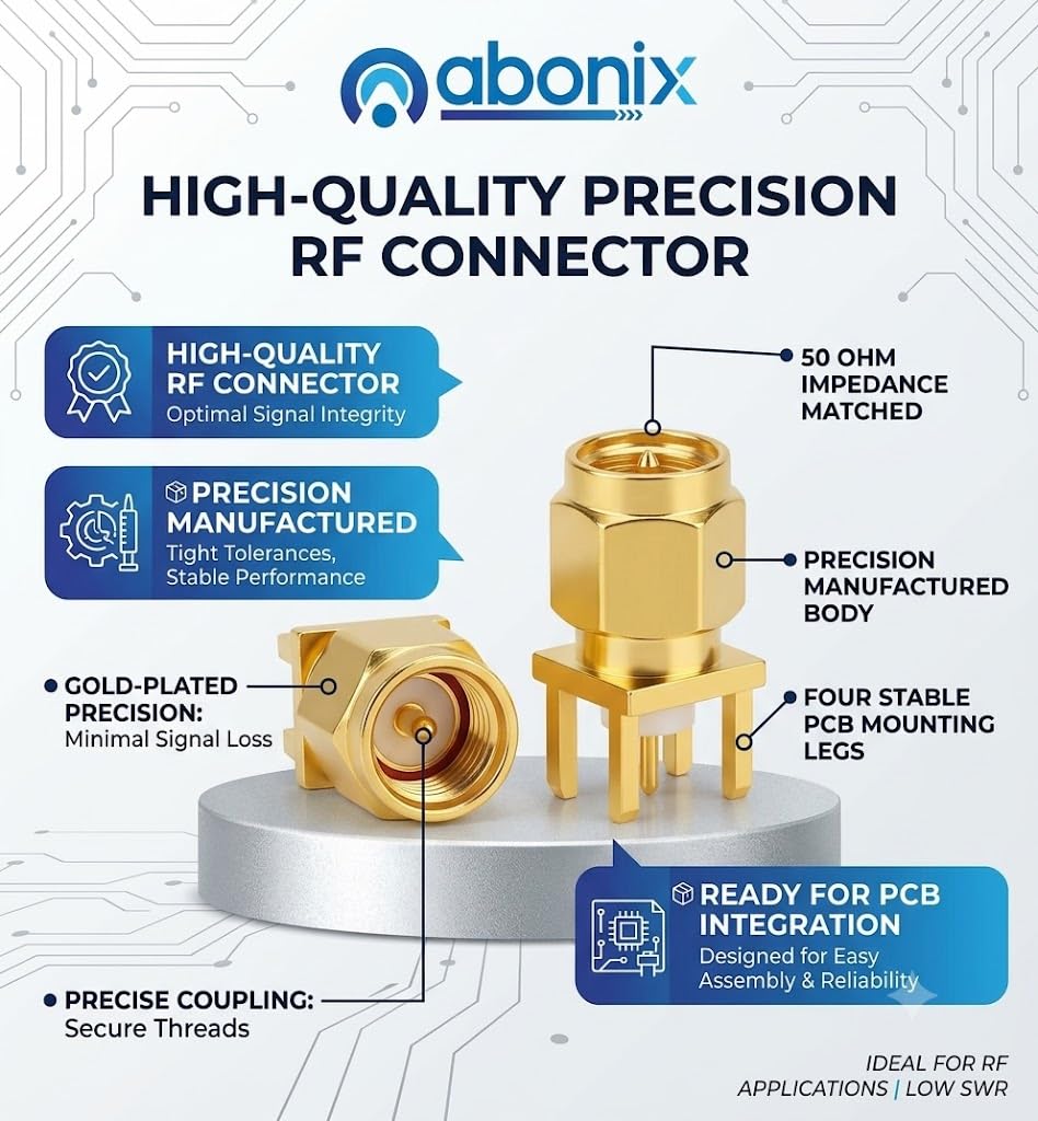 ABONIX SMA Male Straight PCB Mount RF Connector, Gold Plated 50 Ohm- Pack - 2