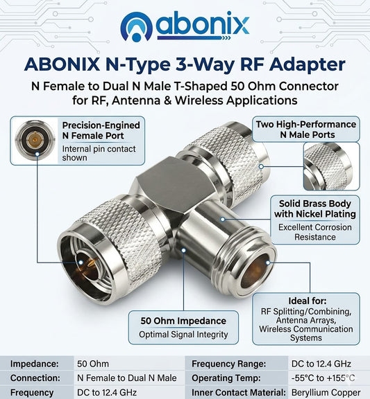 ABONIX N Female to Dual N Male T Adapter, 50 Ohm RF Splitter for Antenna & WiFi- Pack- 1