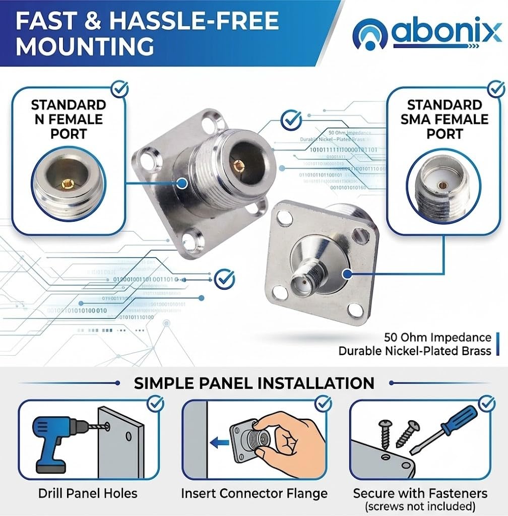N Female to SMA Female 4 Hole Flange Panel Mount Coax Adapter - Pack - 2