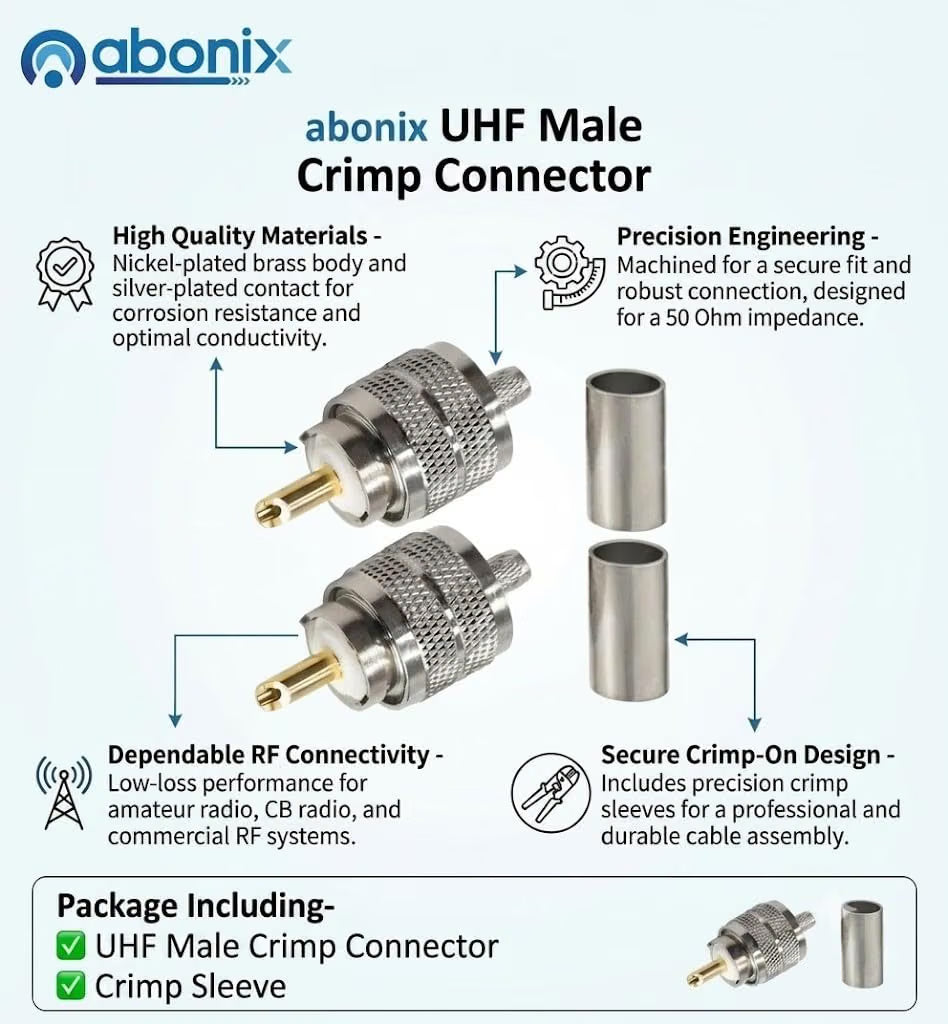 PL-259 UHF Male Plug Crimp Coax Connector Adapter for RG58 RG142 -Pack -3