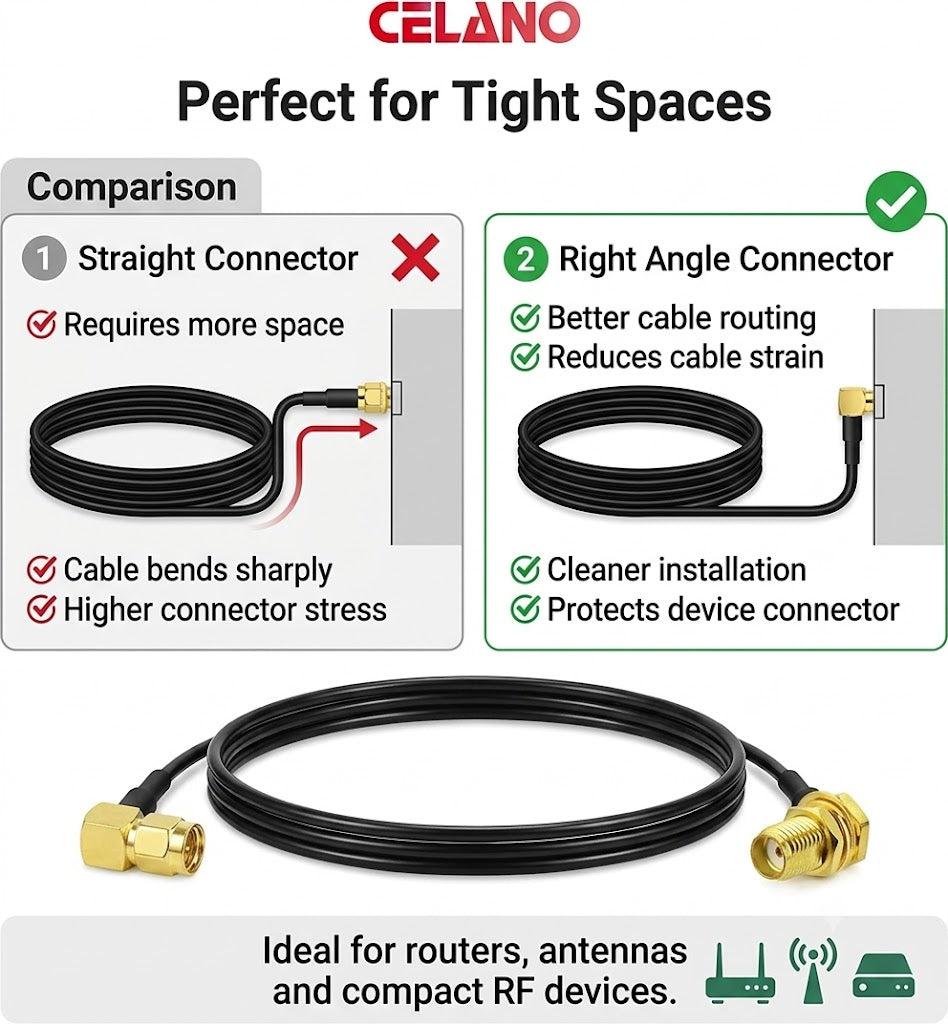 ABONIX RG174 Right Angle SMA Male to SMA Female Bulkhead Cable 3M (10FT)
