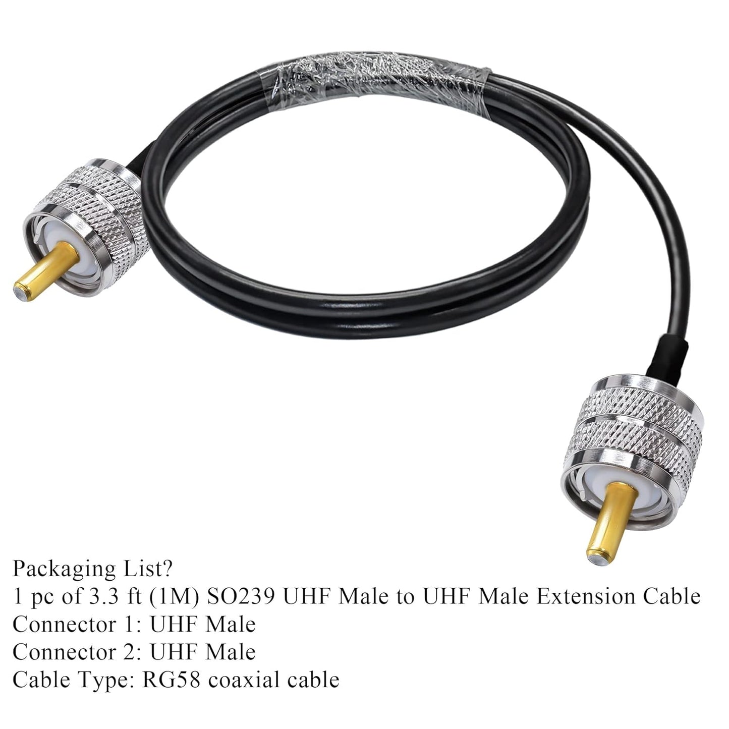 Jumber Cable UHF Male to Male Extension Cable 3.3 feet (1M) Low Loss RG58 RF Black Coaxial Cable - Pack - 1