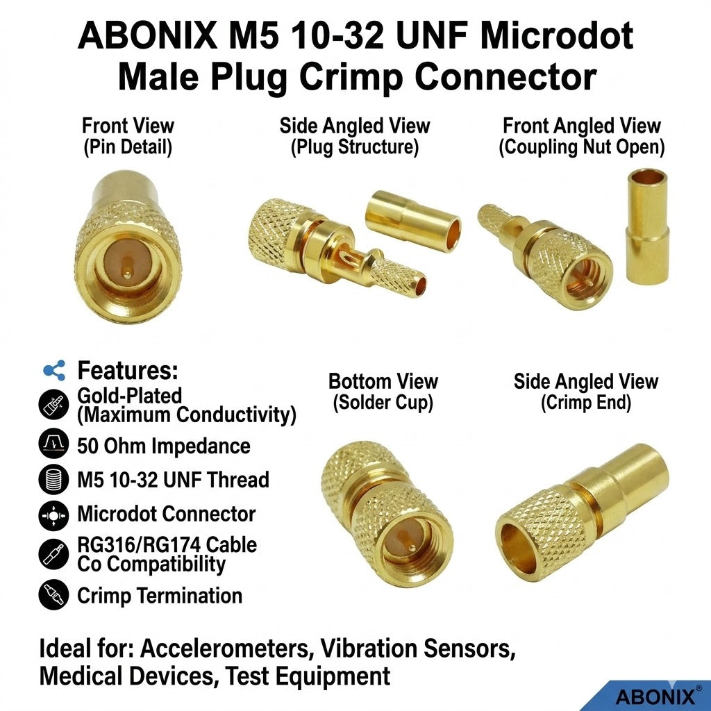 ABONIX M5 10-32 UNF Microdot Male Crimp Connector for RG-316/RG-174, Gold Plated 50 Ohm- Pack- 1