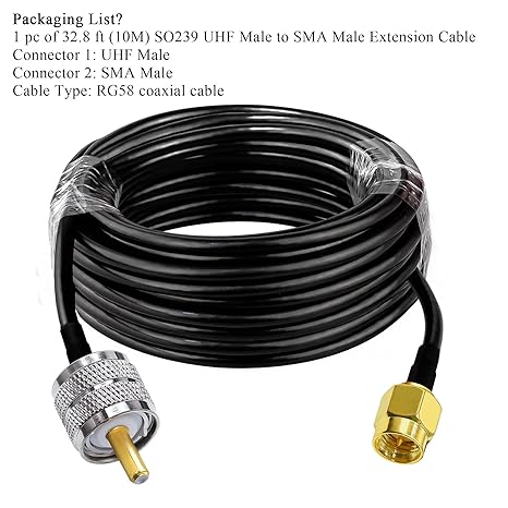 RG58 UHF Male to SMA Male Coaxial Jumper Cable 32.8ft(10M) Low Loss Extension Cable (Pack of 1)