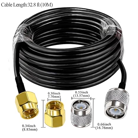 RG58 TNC Male to SMA Male Coaxial Jumper Cable 32.8ft(10M) Low Loss Extension Cable (Pack of 1)
