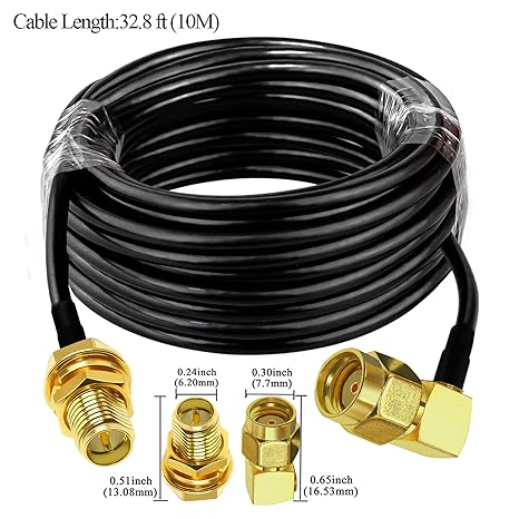 RG58 Coaxial Jumper Cable 32.8ft (10m) | RP-SMA Male to RP-SMA Female Low Loss Extension Cable -Pack -1