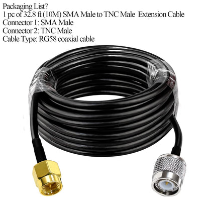 RG58 TNC Male to SMA Male Coaxial Jumper Cable 32.8ft(10M) Low Loss Extension Cable (Pack of 1)