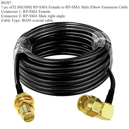 RG58 Coaxial Jumper Cable 32.8ft (10m) | RP-SMA Male to RP-SMA Female Low Loss Extension Cable -Pack -1