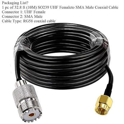 RG58 UHF Female to SMA Male Coaxial Jumper Cable 32.8ft(10M) Low Loss Extension Cable (Pack of 1)