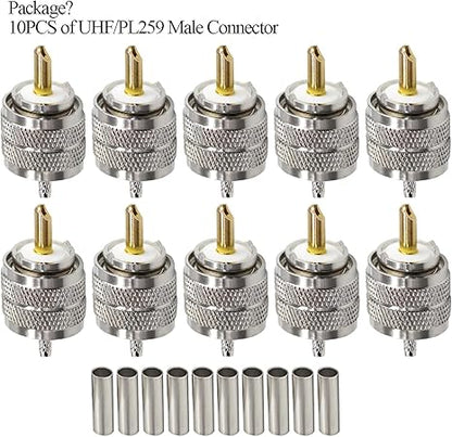 UHF Connector PL259 Male Plug Crimp Coax Adapter SO239 PL-259 Connector for RG316 RG179 Cable (Pack of 10)