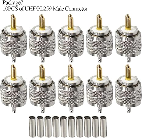 UHF Connector PL259 Male Plug Crimp Coax Adapter SO239 PL-259 Connector for RG316 RG179 Cable (Pack of 10)