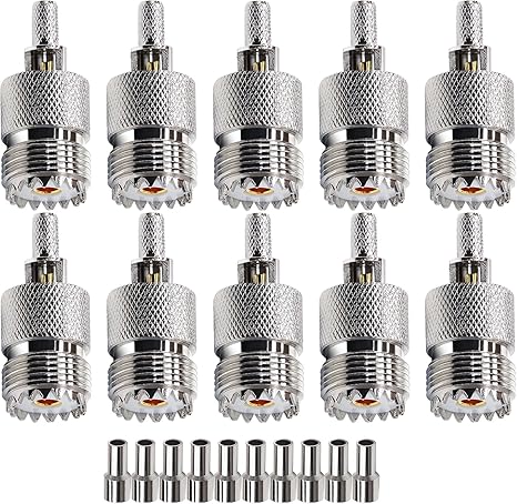 UHF Crimp Connectors SO239 PL259 Female Jack Crimp Coax Adapter PL-259 Connector for RG58 RG142 Cable (Pack of 10)