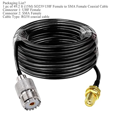 RG58 UHF Female to SMA Female Coaxial Jumper Cable 49.2ft (15M) Low Loss Extension Cable (Pack of 1)