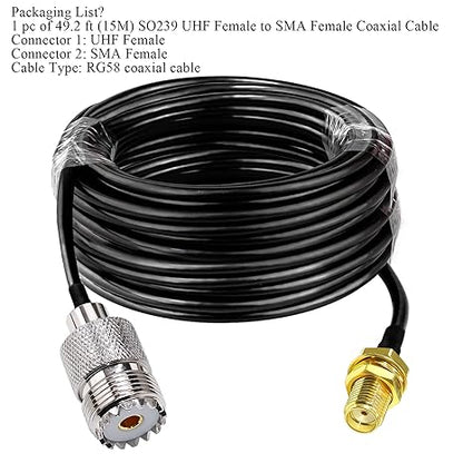 RG58 UHF Female to SMA Female Coaxial Jumper Cable 49.2ft (15M) Low Loss Extension Cable (Pack of 1)