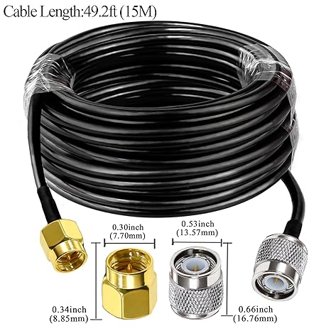 RG58 TNC Male to SMA Male Coaxial Jumper Cable 49.2ft (15M) Low Loss Extension Cable (Pack of 1)