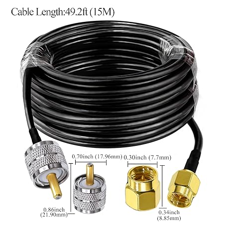 RG58 UHF Male to SMA Male Coaxial Jumper Cable 49.2ft (15M) Low Loss Extension Cable (Pack of 1)