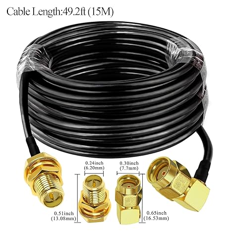 RG58 Coaxial Jumper Cable 49.2ft(15M) | RP-SMA Male to RP-SMA Female Low Loss Extension Cable (Pack of 1)