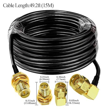 RG58 Coaxial Jumper Cable 49.2ft(15M) | RP-SMA Male to RP-SMA Female Low Loss Extension Cable (Pack of 1)