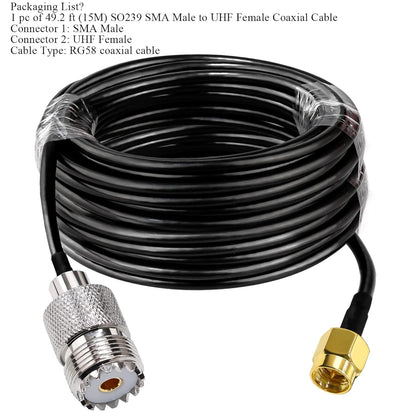 RG58 UHF Female to SMA Male Coaxial Jumper Cable 49.2ft (15M) Low Loss Extension Cable (Pack of 1)