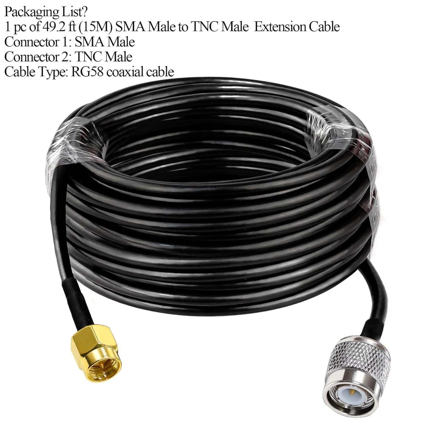 RG58 TNC Male to SMA Male Coaxial Jumper Cable 49.2ft (15M) Low Loss Extension Cable (Pack of 1)