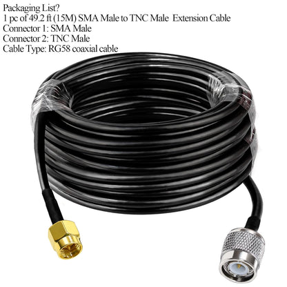 RG58 TNC Male to SMA Male Coaxial Jumper Cable 49.2ft (15M) Low Loss Extension Cable (Pack of 1)