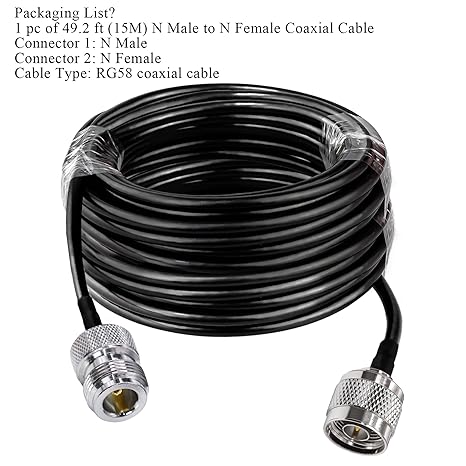 RG58 Coaxial Jumper Cable – 15M (49.2FT) N Male to N Female Low-Loss RF Extension Cable -Pack -1