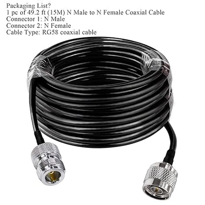 RG58 Coaxial Jumper Cable – 15M (49.2FT) N Male to N Female Low-Loss RF Extension Cable -Pack -1