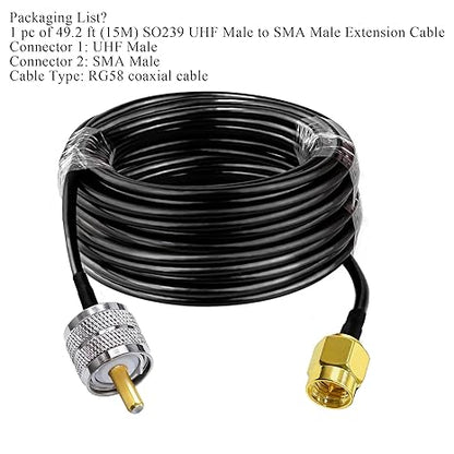 RG58 UHF Male to SMA Male Coaxial Jumper Cable 49.2ft (15M) Low Loss Extension Cable (Pack of 1)