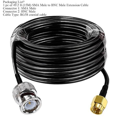 BNC Male to SMA Male Extension Cable RG58 49.2ft(15 Meter) for Antennas Wireless LAN Devices
