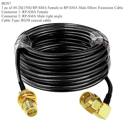 RG58 Coaxial Jumper Cable 49.2ft(15M) | RP-SMA Male to RP-SMA Female Low Loss Extension Cable (Pack of 1)
