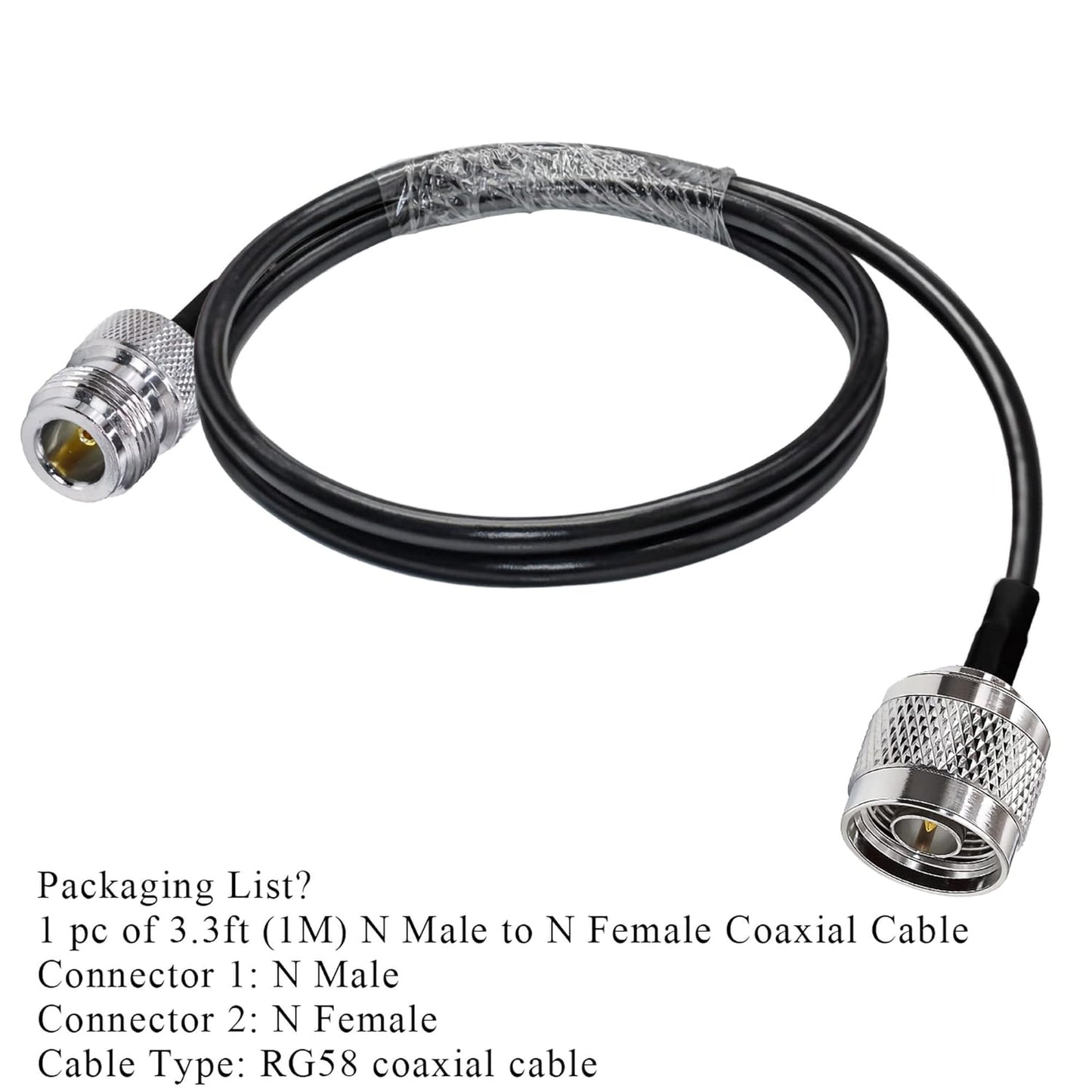 RG58 Coaxial Jumper Cable (1m/3.3ft) – N Male to N Female, Low Loss RF Extension -Pack -1