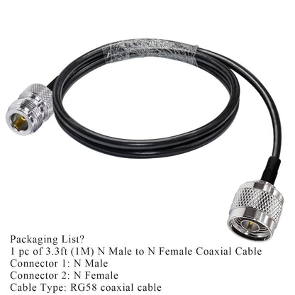 RG58 Coaxial Jumper Cable (1m/3.3ft) – N Male to N Female, Low Loss RF Extension -Pack -1