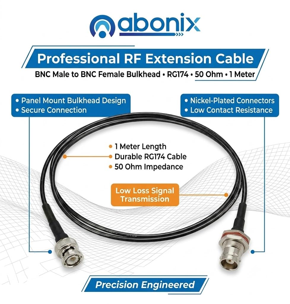 ABONIX BNC Male to BNC Female Bulkhead RF Coaxial Cable 1M (3.3FT), RG174 50 Ohm