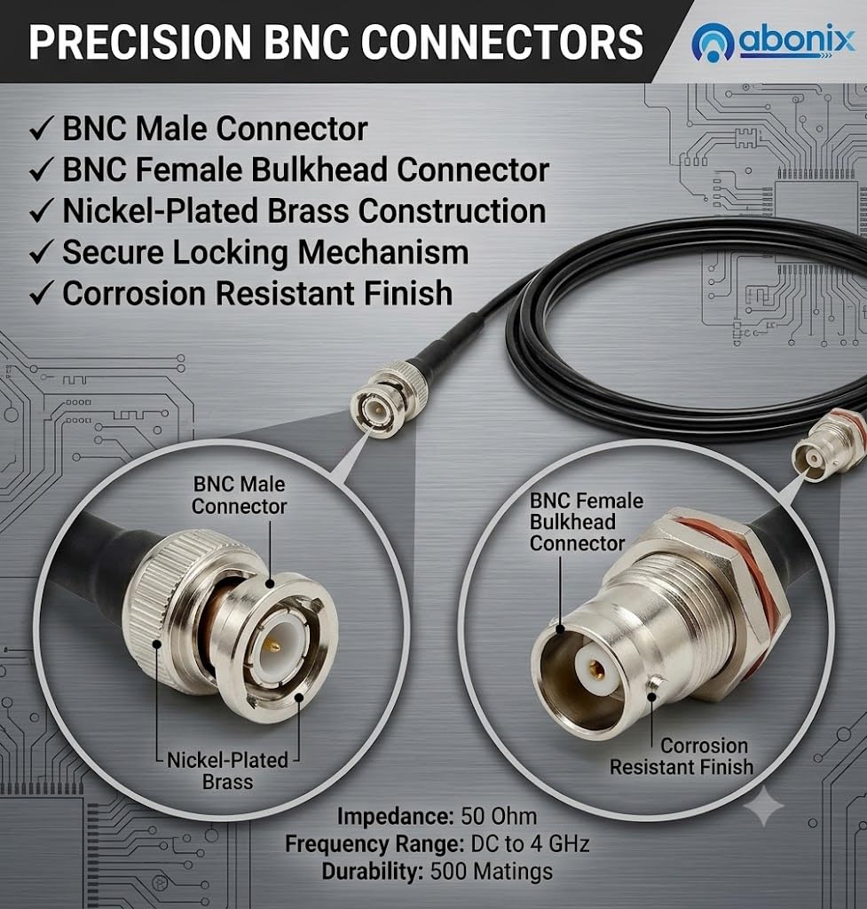 ABONIX BNC Male to BNC Female Bulkhead RF Coaxial Cable 1M (3.3FT), RG174 50 Ohm