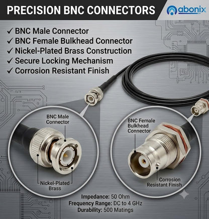 ABONIX BNC Male to BNC Female Bulkhead RF Coaxial Cable 1M (3.3FT), RG174 50 Ohm