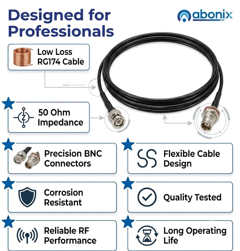 ABONIX BNC Male to BNC Female Bulkhead RF Coaxial Cable 1M (3.3FT), RG174 50 Ohm