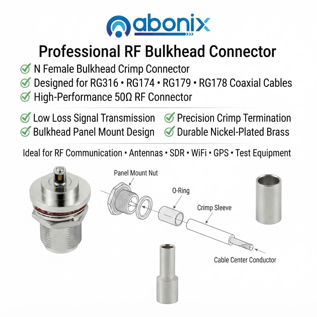 ABONIX N Female Bulkhead Crimp Connector for RG-316/RG-174 Pack- 5