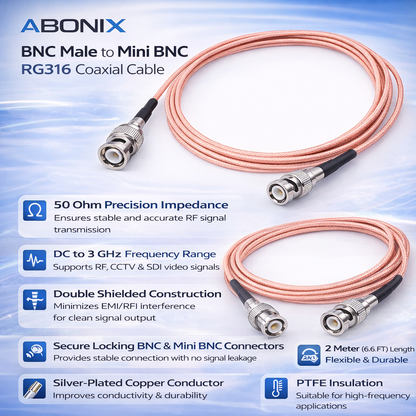 ABONIX BNC Male to Mini BNC Male RG316 Cable, 2M Low Loss 50 Ohm RF Jumper- Pack- 1