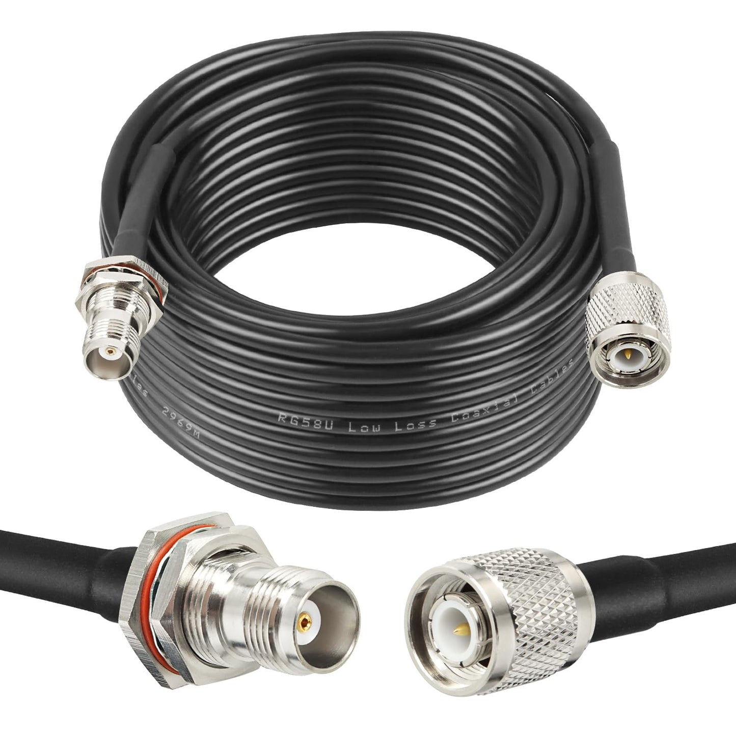 ABONIX RG58 TNC Male to TNC Female Bulkhead RF Cable 20M (65.6FT), 50 Ohm