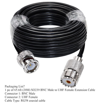 BNC Male to UHF Female Jumper Extension Cable RG58 65.6ft (20M)