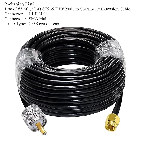 RG58 UHF Male to SMA Male Coaxial Jumper Cable 65.6ft(20M) Low Loss Extension Cable (Pack of 1)