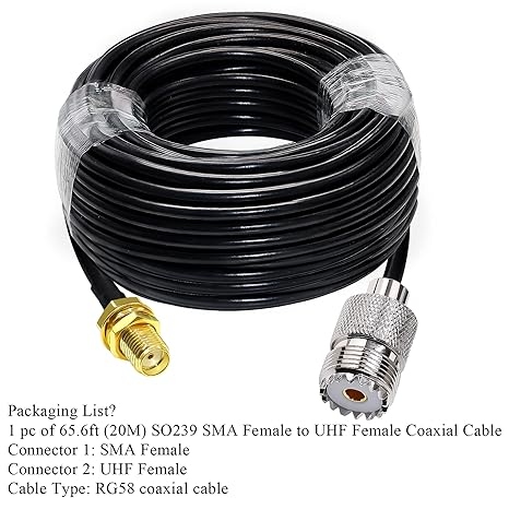 RG58 UHF Female to SMA Female Coaxial Jumper Cable 65.6ft(20M) Low Loss Extension Cable (Pack of 1)