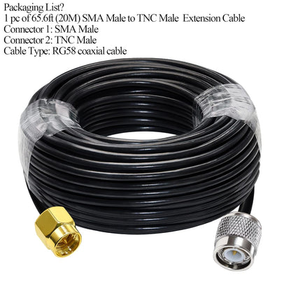 RG58 TNC Male to SMA Male Coaxial Jumper Cable 65.6ft(20M) Low Loss Extension Cable (Pack of 1)