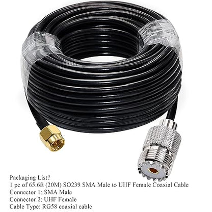 RG58 UHF Female to SMA Male Coaxial Jumper Cable 65.6ft(20M) Low Loss Extension Cable (Pack of 1)