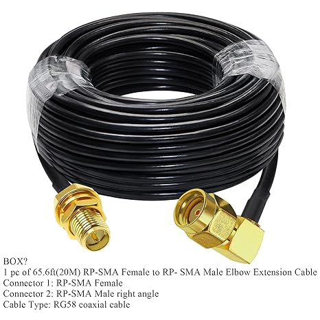 RG58 RP-SMA Male to RP-SMA Female Coaxial Jumper Cable 65.6ft(20M) Low Loss Extension Cable -Pack -1