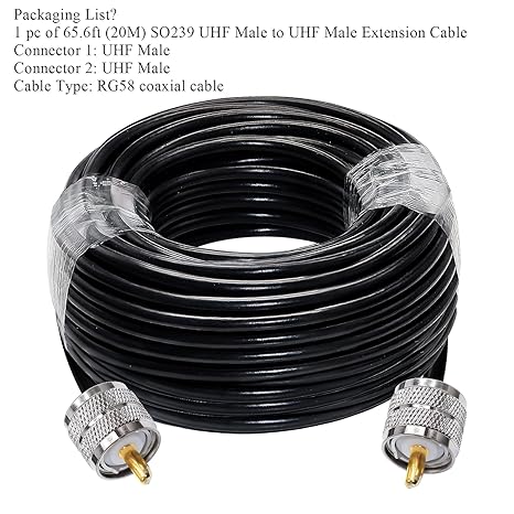 RG58 UHF Male to SMA Male Coaxial Jumper Cable, 20 M (65.6 ft) Low Loss Extension Cable (Pack of 1)